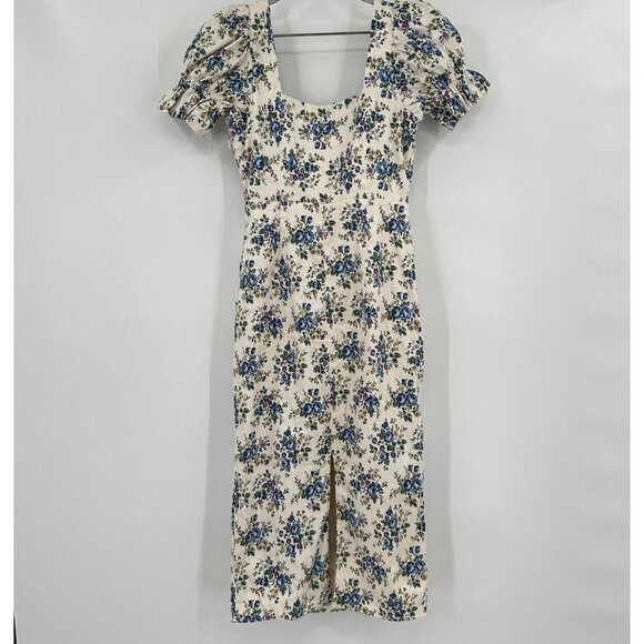 Hyacinth House by Tuckernuck Ivory Floral Esther Midi Dress size XS Puff Sleeve - Picture 7 of 11